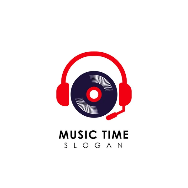 Musik Logotypdesign Med Hörlurar Och Vinyl Illustration Logo Designmall — Stock vektor