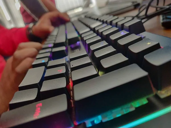 Image Glowing Keyboard Person Using Keyboard Typing — Stock Photo, Image