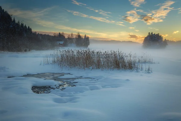 Jäädytetty Jonsvatnet Järvi Lähellä Trondheimia Norjassa Auringonlaskun Valo Yli Kerääminen — kuvapankkivalokuva