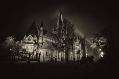 Trondheim, Norveç'te Nidarosdomen Gotik Katedrali gece fotoğrafları.