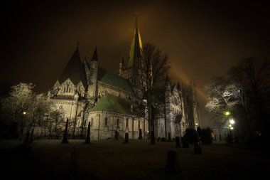 Trondheim, Norveç'te Nidarosdomen Gotik Katedrali gece fotoğrafları.