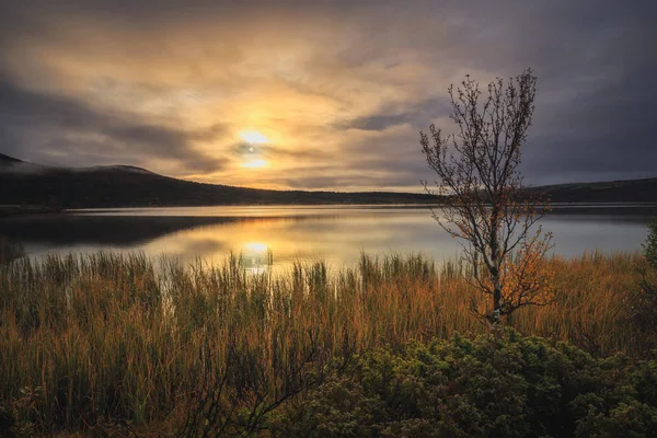 Dovrefjell Montanhas Nascer Sol Lago Hjerkinnsdammen Outono Norueguês — Fotografia de Stock