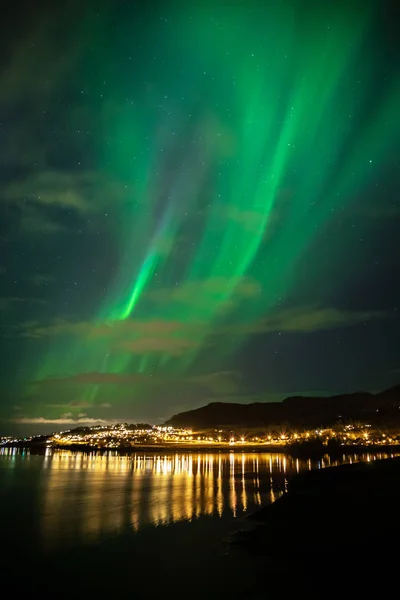 Zielony Zorza Polarna Nad Trondheimsfjorden Ranheim Obszar Trondheim Norwegia — Zdjęcie stockowe