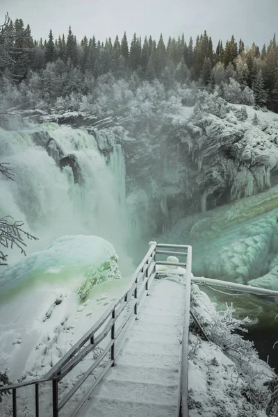Заморожені Водоспаду Tannforsen Зимова Декорація Лід Утворюється Цей Найбільший Водоспад — стокове фото