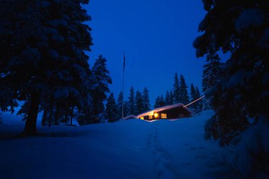 Orman karlı woodland İskandinav kulübede. Norveç'te kış.