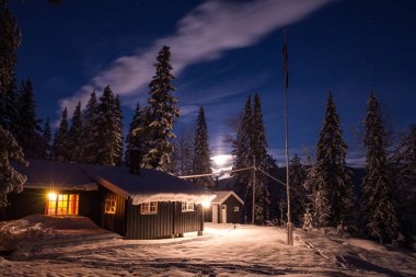 Orman karlı woodland İskandinav kulübede. Norveç'te kış.