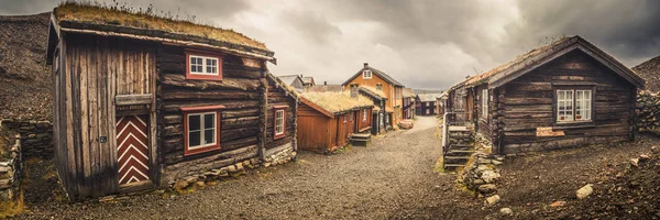 Mining town Roros in Norway, fantastic original old norwegian town, set as a unesco World Heritage Site. Traditional wooden architecture. Wide panoramic view.