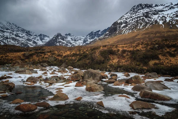 Frozen River Brittle in Glen Brittle valley, Fairy Polls tourist attraction. Isle of Skye, scottish Highlands.