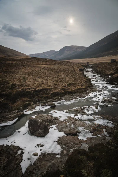 Frozen River Brittle in Glen Brittle valley, Fairy Polls tourist attraction. Isle of Skye, scottish Highlands.