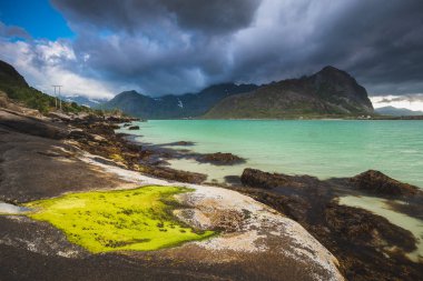Renkler Flakstadpollen Bay Lofoten Adaları, Norveç. Kayalık kıyı'nın gerekçesi.