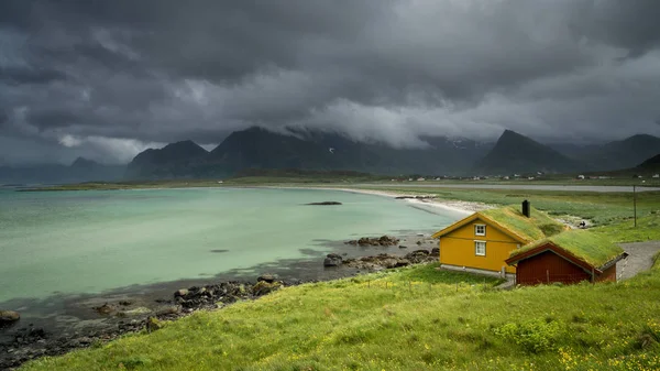 Sandbotnen Fredvang, Lofoten Adası, Norveç defne. Norveç yaz tatili.