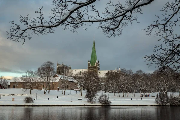 Nidarosdomen Kathedrale Fluss Nidelva Trondheim Schöne Winterzeit Berühmteste Gotische Norwegische — Stockfoto