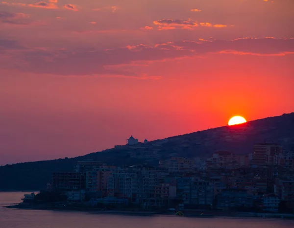 Saranda Albania Summer Zachód Słońca Nad Miastem Niebo Piękny Wieczór — Zdjęcie stockowe