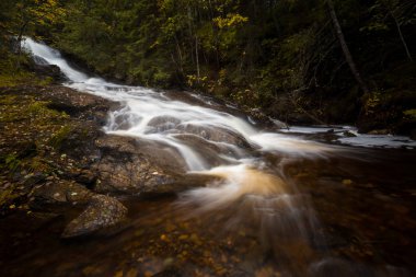 Şelalenin Sagelva Nehri yakınında Trondheim alan gölde Jonsvatnet. Boreal Ormanı'nın sonbahar sahne.