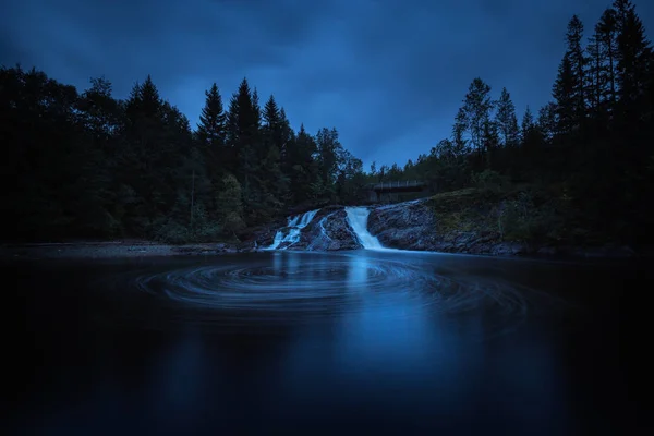 Evening mood in boreal forests of Norway. Waterfalls on river Homla. Long exposure shot. Natural light and colours.