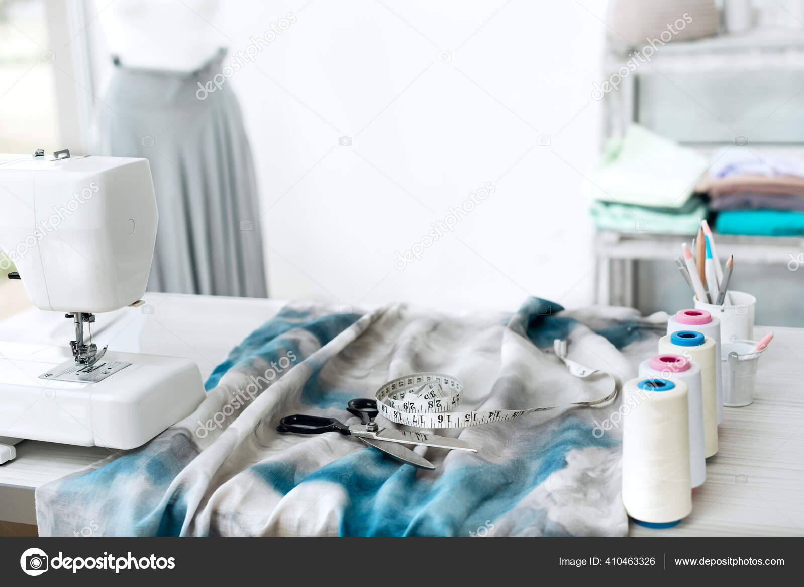 Sewing Machine Supplies Colored Threads Pieces Cloth Needles Centimeter  Tailors Stock Photo by ©Oksana_Klymenko 410463326