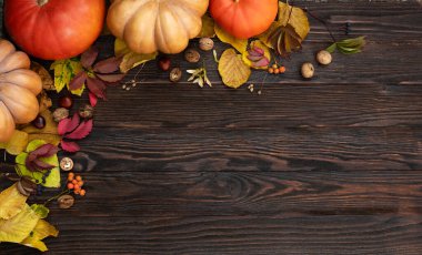 Sonbahar kompozisyonu kuru yapraklar ve koyu ahşap bir masa üzerinde olgun balkabakları. Üst Manzara. Uzayı kopyala Sonbahar çerçevesi, mesaj için yer, Şükran Günü konsepti..