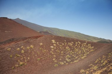 Etna Yanardağı manzara. Tehlike merkezi gezisi. Kül ve lav