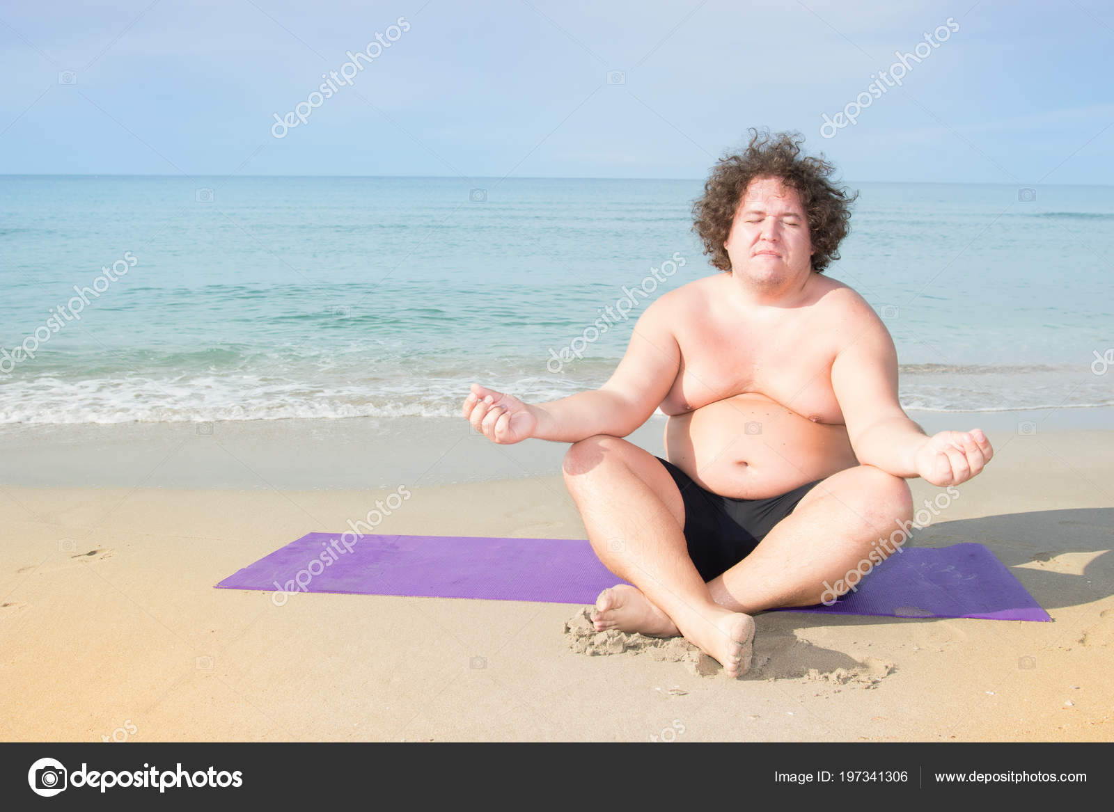 Funny Fat Man Sea Training Healthy Lifestyle Yoga Beach Stock Photo vladorlov 197341306
