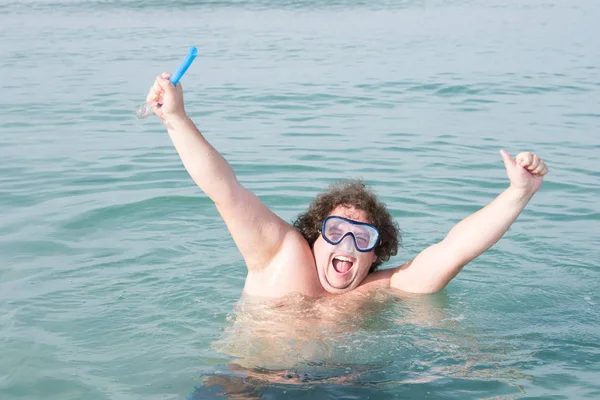 Drôle Homme Gros Vacances Mer Plongée Avec Tuba — Photo