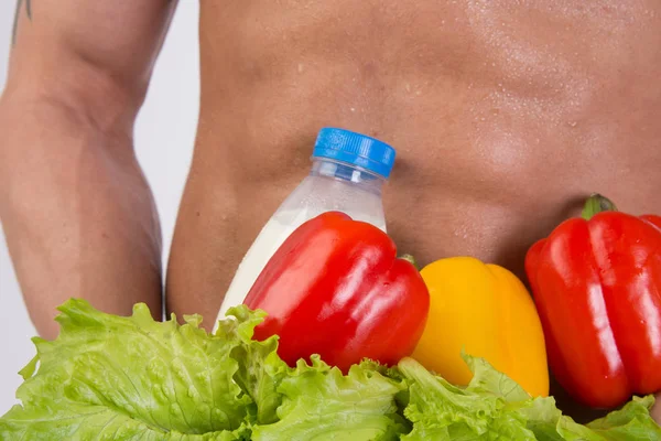 Sport Dieta Atrakcyjny Mężczyzna Mięśni Ciała Facet Atletyczny Warzywa Zdrowe — Zdjęcie stockowe