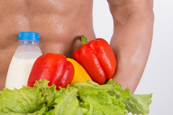 Sport Dieta Atrakcyjny Mężczyzna Mięśni Ciała Facet Atletyczny Warzywa Zdrowe — Zdjęcie stockowe