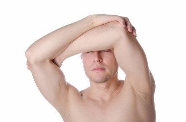 Yakışıklı adam kılığında. Genç, çekici bir adam. Çıplak ve seksi. Beyaz arka plan