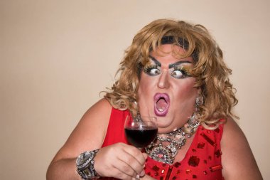 Funny travesty actor. Drag queen and red wine. Feelings and emotions clipart