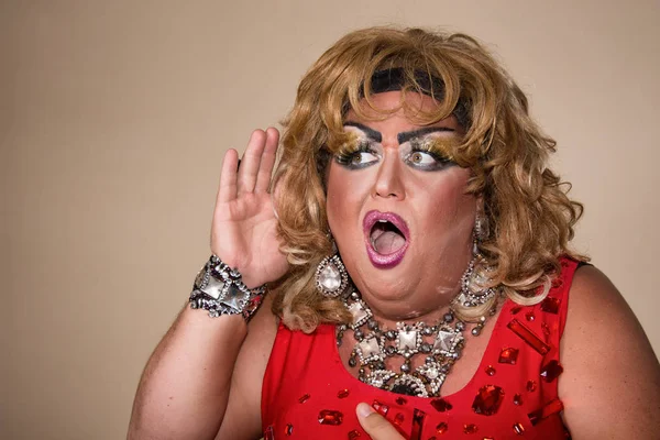 Funny Travesty Actor Drag Queen Red Feelings Emotions Fat Man — Stock Photo, Image