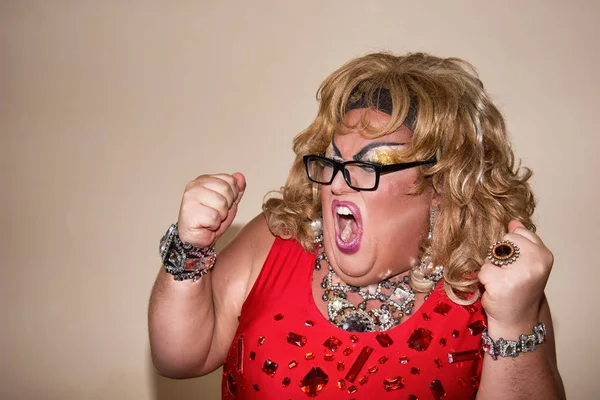 Herec Vtipné Parodie Transvestita Přísný Učitel — Stock fotografie