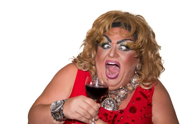 Herec Vtipné Parodie Transvestita Červené Víno Pocity Emoce — Stock fotografie
