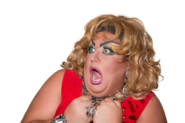 Lustiger Travestieschauspieler Drag Queen Rot Gefühle Und Emotionen Dicker Mann — Stockfoto