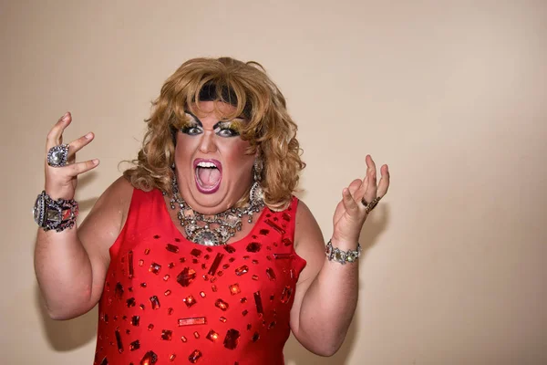 Funny Travesty Actor Drag Queen Red Feelings Emotions Fat Man Stock Picture