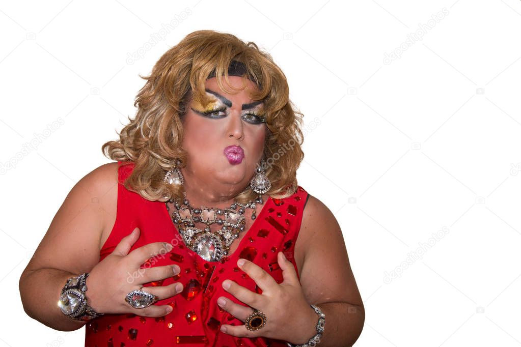 Funny travesty actor. Drag queen in red. Feelings and emotions. Fat man and make-up. Kiss