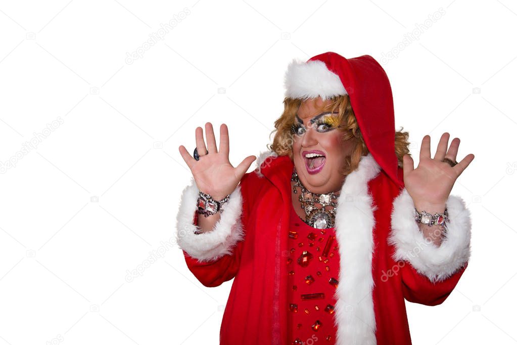Funny travesty actor. Drag queen in santa costume. Fat man and make-up. Isolated