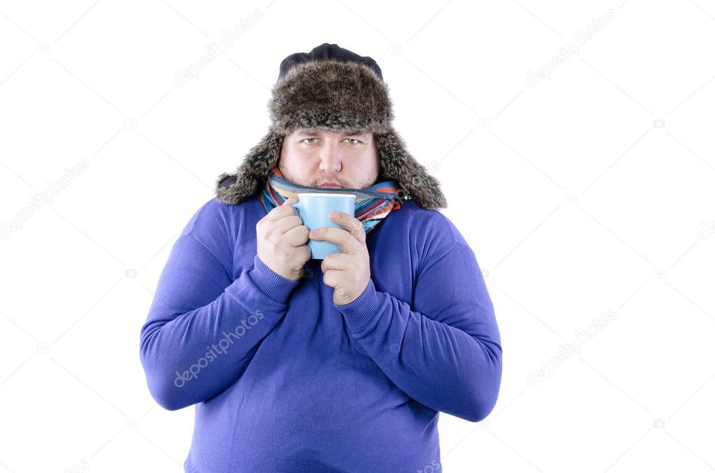 A funny man freezes. White background. 