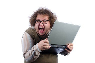 İş ve öfke. Komik şişman işadamı ve dizüstü.