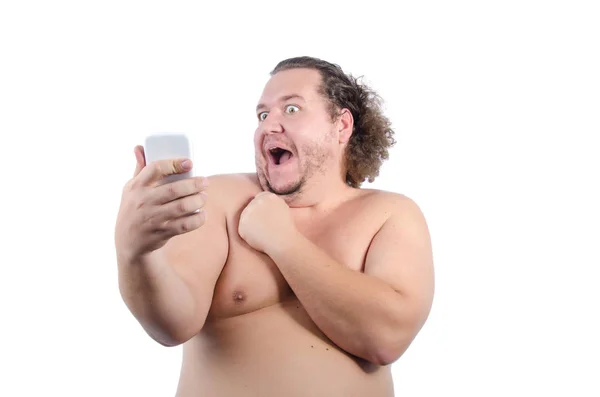 Selfies Vicces Kövér Ember Fehér Háttér — Stock Fotó