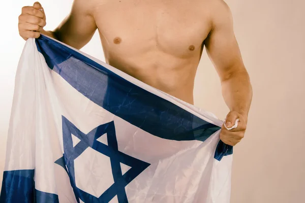 Vlag Van Israël Aantrekkelijke Man Witte Achtergrond — Stockfoto