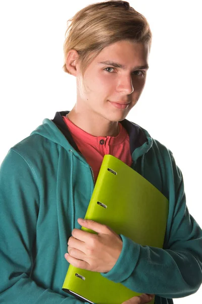 若い学生と試験 ノートブック 白背景 — ストック写真