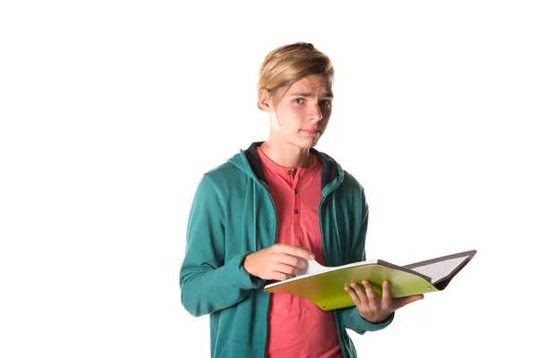 Junge Studenten Und Prüfungen Notizbuch Weißer Hintergrund — Stockfoto