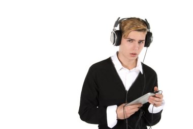 Genç ve çekici bir öğrenci. Beyaz arkaplan.