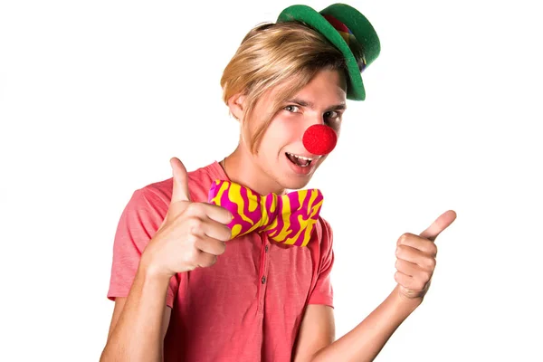 Giovane Buffo Clown Fondo Bianco — Foto Stock