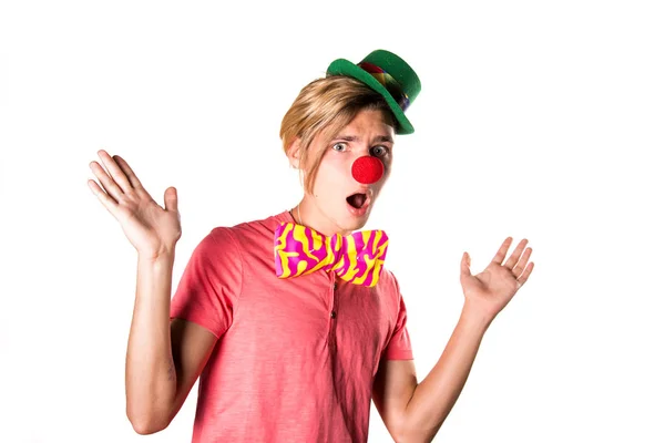 Jonge Grappige Clown Witte Achtergrond — Stockfoto