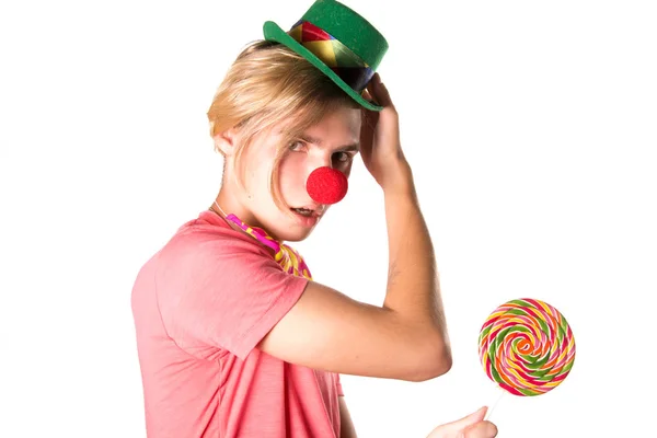 Unga Rolig Clown Och Godis — Stockfoto