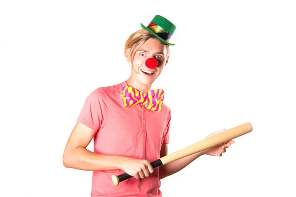 Unga Rolig Clown Och Basebollträ Galna Leende — Stockfoto