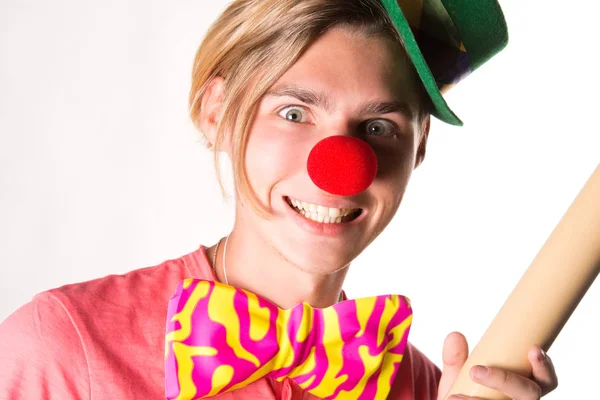 Unga Rolig Clown Och Basebollträ Galna Leende — Stockfoto