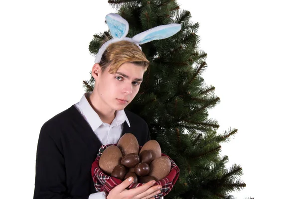 Pasen Grappige Kerel Eieren Kerstboom Achtergrond — Stockfoto
