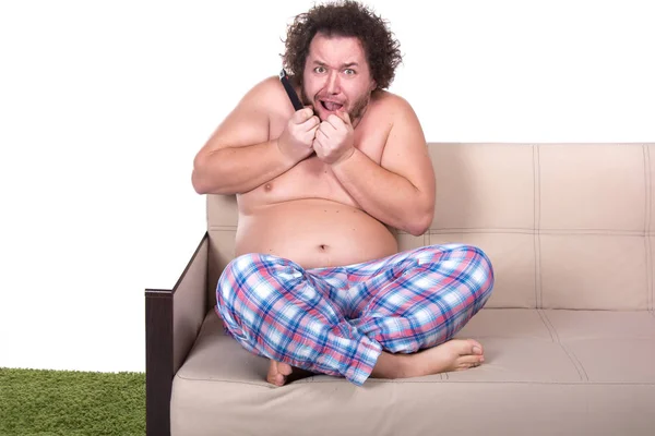 Hombre Gordo Que Televisión Casa — Foto de Stock