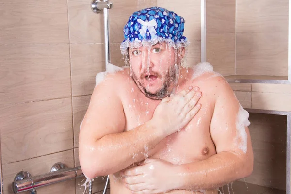 Lustige Fett Mann Singt Der Dusche — Stockfoto